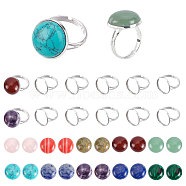 PandaHall Elite DIY 20 Pcs Finger Ring Kits, Including Adjustable Brass Finger Rings Components, Natural & Synthetic Gemstone Cabochons, Flat Round, Platinum, Tray: 16mm, Size: 7, 17mm(DIY-PH0002-14P)
