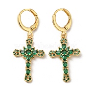 Real 18K Gold Plated Brass Dangle Leverback Earrings, with Glass, Cross, Green, 38x16mm(EJEW-A033-03G-01)
