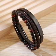 Natural Tiger Eye & Glass Round Beaded Bracelets, Multi-strand Imitation Leather Cord Bracelets for Men Women, with 304 Stainless Steel Magnetic Clasps, 8 inch(20.2cm)(BJEW-G732-02B)