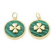 Rack Plating Synthetic Malachite Pendants, Brass Flat Round Charms with Clover, Cadmium Free & Lead Free, Real 18K Gold Plated, 17x14.5x4mm, Hole: 3.4mm(KK-B076-05G-01-1)