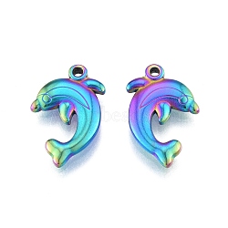 Ion Plating(IP) 304 Stainless Steel Pendant, Dolphin Charms, Rainbow Color, 22.5x14x3mm, Hole: 1.6mm(STAS-B027-09MC)