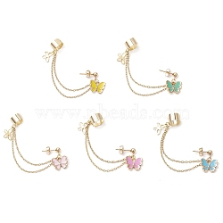 Butterfly Alloy Enamel Chains Tassel Dangle Earrings with Ear Cuff, Golden, Mixed Color, 76mm(EJEW-JE05904)