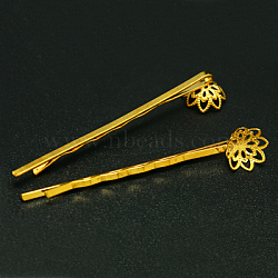 Iron Hair Bobby Pin Findings, with Brass Flower Tray, Golden, 58mm(X-IFIN-I007-G)