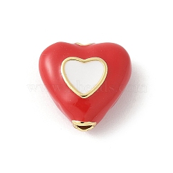 Brass Enamel Beads, Flat Heart, Rack Plating, Cadmium Free & Lead Free, Long-Lasting Plated, Real 18K Gold Plated, Red, 11.5x12.5x5.5mm, Hole: 1.8mm(KK-P294-51G-01)