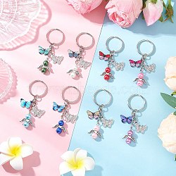 8Pcs Glass Pearl Keychains, with Alloy Pendants and Iron Split Key Rings, Angel with Butterfly, Platinum, Mixed Color, 74mm(KEYC-JKC01308)
