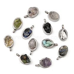 Natural Mixed Gemstone Chip 304 Stainless Steel Oval Charms, Cadmium Free & Lead Free, Long-Lasting Plated, Mixed Dyed and Undyed, Stainless Steel Color, 11.5x6.5x5~7mm, Hole: 1.8mm(KK-P300-10P)