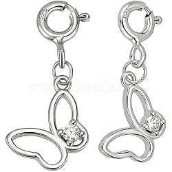 2Pcs 925 Sterling Silver Pendant Decoration, with Cubic Zirconia, Platinum, Butterfly, 20.5mm(STER-BBC0008-30C)