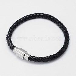 Braided Leather Cord Bracelets, with 304 Stainless Steel Magnetic Clasps, Black, 200x6mm(BJEW-I199-07)