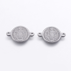 Tarnish Resistant 304 Stainless Steel Links connectors, Flat Round with Cssml Ndsmd Cross God Father/Saint Benedict, for Easter, Stainless Steel Color, 14x20.5.x1.5mm, Hole: 1mm(STAS-L199-07B)