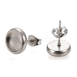 304 Stainless Steel Stud Earring Settings, with Ear Nuts, Flat Round, Stainless Steel Color, 10.5mm, Pin: 0.8mm, Tray: 8mm(STAS-K202-05C-P)
