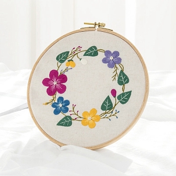 Flower Pattern DIY Embroidery Kit, including Embroidery Needles & Thread, Cotton Linen Cloth, Medium Violet Red, 270x270mm