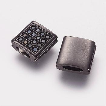 Brass Micro Pave Cubic Zirconia Beads, Square, Gunmetal, 9x9x3.5mm, Hole: 2x5mm