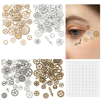 WADORN 132Pcs 4 Color Alloy Cabochons, Flat Round Gear, with 2 Sheet Transparent Acrylic Double-sided Round Tape, Mixed Color, 12~28x6.5~24x1.5~3.5mm, 33Pcs/color