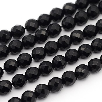 Natural Black Onyx Beads Strands, Faceted(64 Facets), Round, Dyed & Heated, about 8mm in diameter, hole: 1mm, 49pcs/strand, 15 inch