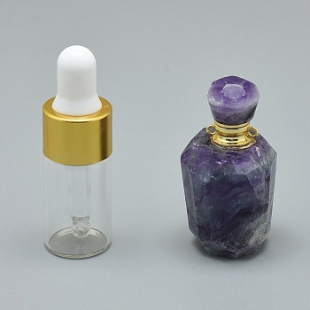 Faceted Natural Fluorite Openable Perfume Bottle Pendants, with Brass Findings and Glass Essential Oil Bottles, 40~48x21~25mm, Hole: 1.2mm, Glass Bottle Capacity: 3ml(0.101 fl. oz), Gemstone Capacity: 1ml(0.03 fl. oz)