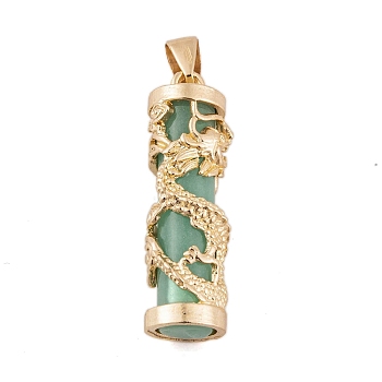 Synthetic Luminous Stone Column Pendants, Glow in the Dark, Golden Plated Alloy Gragon Wrapped Charms, Medium Sea Green, 35.5x10.5mm, Hole: 6x4.5mm