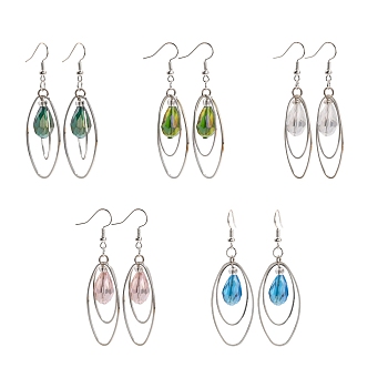 Trendy Glass Teardrop Dangle Earrings, with Brass Oval Rings and Brass Earring Hooks, Mixed Color, 65mm