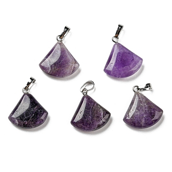 Natural Amethyst Pendants, with Platinum Tone Brass Findings, Fan Charms, 21~22x19.5~20x5~6mm, Hole: 6x4mm