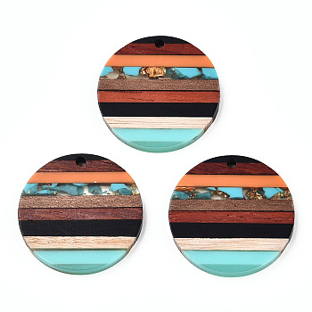 Transparent Resin & Walnut Wood Pendants, with Gold Foil, Flat Round Charm, Sienna, 30x3.5mm, Hole: 2mm