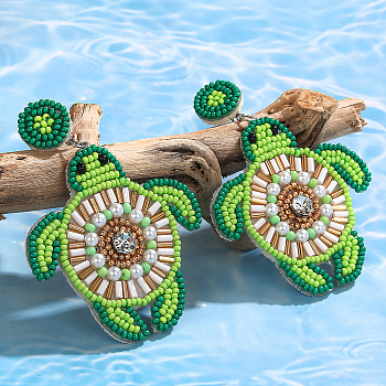Bohemian Glass Seed Beaded & Non-woven Fabrics Dangle Stud Earrings, Flat Round with Tortoise, Platinum, Lime, 72x52mm