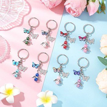 8Pcs Glass Pearl Keychains, with Alloy Pendants and Iron Split Key Rings, Angel with Butterfly, Platinum, Mixed Color, 74mm