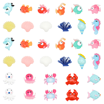 34pcs 17 Styles Ocean Theme Opaque & Translucent Resin Cabochons, Fish & Crab & Shell & Octopus, Sea Animal, Mixed Color, 20~32x17~31x6~11mm, 2pcs/style