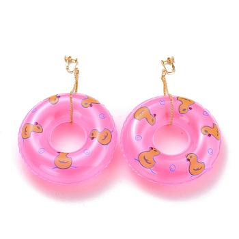 Duck Pool Float Dangle Clip-on Earrings for Non Piercing, Chain Tassel with Inflatable Swin Pool Drop Earring, Big Pendant Earrings, Rose Gold, Hot Pink, 137mm, Pin: 1.6mm