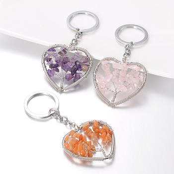 Heart with Tree Brass Mixed Stone Keychain, with Platinum Tone Alloy Keychain Findings, 105mm
