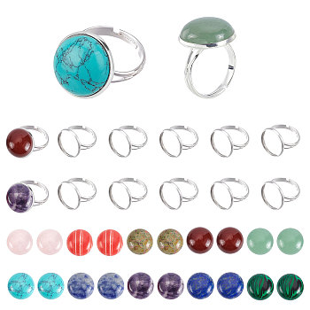 PandaHall Elite DIY 20 Pcs Finger Ring Kits, Including Adjustable Brass Finger Rings Components, Natural & Synthetic Gemstone Cabochons, Flat Round, Platinum, Tray: 16mm, Size: 7, 17mm