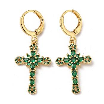 Real 18K Gold Plated Brass Dangle Leverback Earrings, with Glass, Cross, Green, 38x16mm