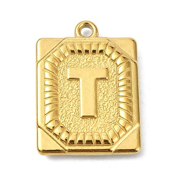 Ion Plating(IP) 304 Stainless Steel Pendants, Rectangle with Letter Charm, Real 18K Gold Plated, Letter T, 24.5x18x3mm, Hole: 1.8mm