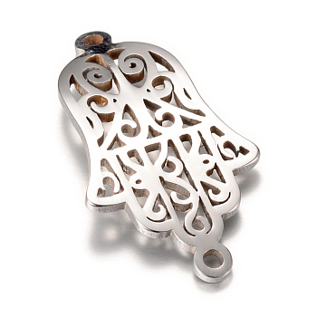 201 Stainless Steel Links connectors, Hamsa Hand/Hand of Fatima/Hand of Miriam, Stainless Steel Color, 27x14.5x1mm, Hole: 1mm