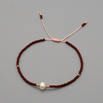 Adjustable Glass Seed Bead Braided Bead Bracelets for Women, with Natural Freshwater Pearls, Dark Red, 11.02 inch(28cm)