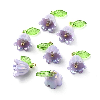 Opaque Resin Pendants, Bell Orchid Flower Charms with Leaf, with Golden Tone Iron Findings, Lilac, 14x13x10.5mm, Hole: 3x2mm