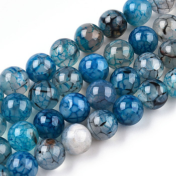 Dyed Natural Dragon Veins Agate Beads Strands, Round, Steel Blue, 10~10.5mm, Hole: 1.2mm, about 37~40pcs/strand, 14.9~15.1 inch(38~38.5cm)