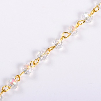 Handmade Rondelle Glass Beads Chains for Necklaces Bracelets Making, with Golden Iron Eye Pin, Unwelded, Clear, 39.3 inch