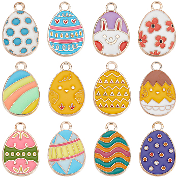 48Pcs 12 Style Alloy Enamel Pendants, Light Gold, Easter Egg Shape with Mixed Shapes, Mixed Color, 22x14x1.5mm, Hole: 2mm, 4pcs/style