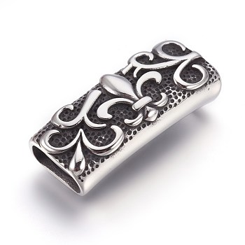 304 Stainless Steel Slide Charms, Rectangle with Fleur De Lis, Antique Silver, 39x15x8mm, Hole: 6x12.5mm