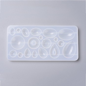 Silicone Molds, Resin Casting Molds, For UV Resin, Epoxy Resin Jewelry Making, Flat Round & Oval & Teardrop, White, 18.8x9.3x1.2cm, Inner Diameter: 0.7~4.6x0.7~3.5cm