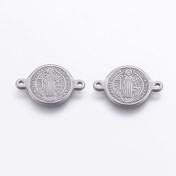 Tarnish Resistant 304 Stainless Steel Links connectors, Flat Round with Cssml Ndsmd Cross God Father/Saint Benedict, for Easter, Stainless Steel Color, 14x20.5.x1.5mm, Hole: 1mm