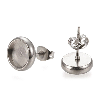 304 Stainless Steel Stud Earring Settings, with Ear Nuts, Flat Round, Stainless Steel Color, 10.5mm, Pin: 0.8mm, Tray: 8mm
