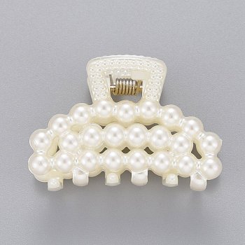 Plastic Claw Hair Clips, with ABS Plastic Imitation Pearl Beads and Iron Findings, White, 27x40x26mm