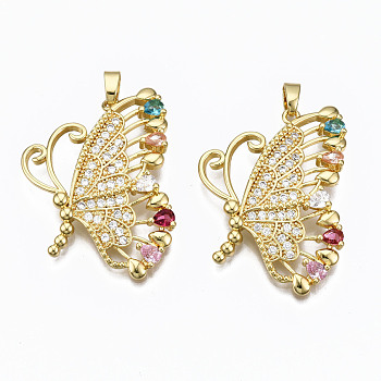 Brass Micro Pave Cubic Zirconia Pendants, Nickel free, Butterfly, Real 16K Gold Plated, 35x26x5mm, Hole: 3x5mm