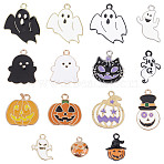 30Pcs 15 Style Alloy Enamel Pendants, for Halloween, Ghost & Pumpkin, Mixed Color, 12.5~26.5x12~23x1.2~3mm, Hole: 1.5~2mm, 2pcs/style(ENAM-SC0003-42)