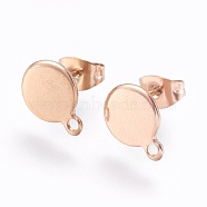 Ion Plating(IP) 304 Stainless Steel Stud Earring Findings, with Flat Plate, Flat Round, Rose Gold, 12mm, 10.5~11x8x0.7mm, pin: 0.8mm(STAS-G178-02RG-8mm)