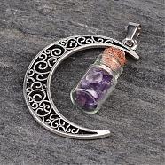 Column Glass Bottle with Amethyst inside Pendants, with Moon Alloy Finding and 304 Stainless Steel Findings, 41x29x10mm, Hole: 7x4mm(PALLOY-JF00170-05)