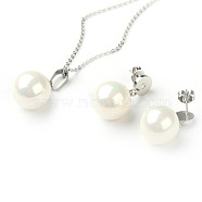 Valentines Gift for Her 2015 316L Surgical Stainless Steel Jewelry Sets, Necklaces and Ear Studs, with Shell Pearl Beads, Stainless Steel Color, 17.3 inches, 19x14mm, Pin: 0.7mm(SJEW-E024-18C)