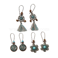 3 Pairs 3 Style Woven Net & Flower Alloy Dangle Earrings Set, Wood & Resin Beaded Long Drop Earrings for Women, Red Copper & Green Patina, 53~84mm, Pin: 0.8mm, 1 Pair/style(EJEW-G330-05R)