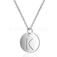 201 Stainless Steel Initial Pendants Necklaces, with Cable Chains, Flat Round with Letter, Stainless Steel Color, Letter.K, 16.3 inch(40cm), 1mm(NJEW-S069-TN507-K)