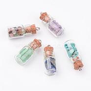 Glass Bottle Pendants, with Natural & Synthetic Gemstone Chip Beads and Iron Findings, Platinum, Mixed Color, 25x10mm, Hole: 1.5mm(PALLOY-JF00248)